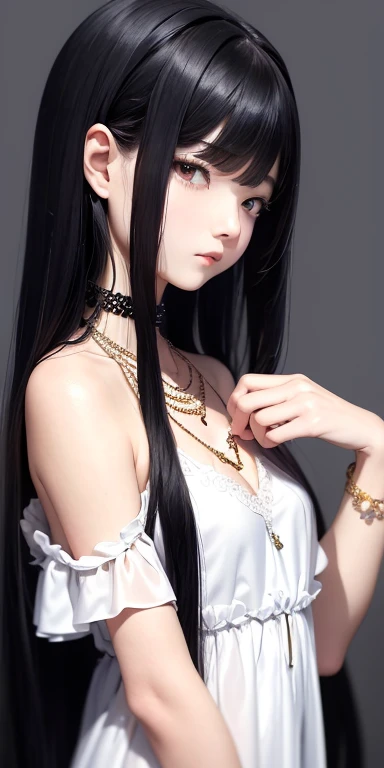 Top quality masterpiece illustrations、Black hair and black eyes、Wearing multiple necklaces、Girl in white dress looking up、Beautiful face with hair on the side long hair at the angle of the lower body is fair、more details、