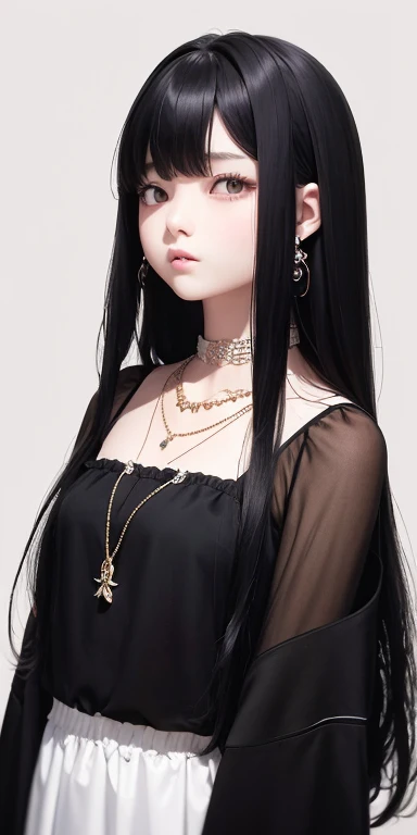 Top quality masterpiece illustrations、Black hair and black eyes、Wearing multiple necklaces、Girl in white dress looking up、Beautiful face with hair on the side long hair at the angle of the lower body is fair、more details、