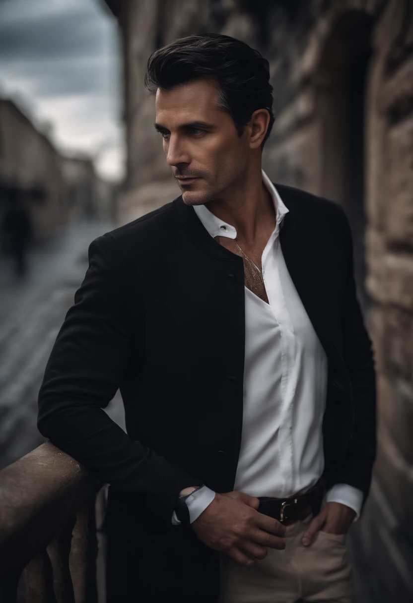 [Better Quality] + [Very detailed] Forty year old male, Britannico, Black Hair, Dangerous air, Gray Blue Eyes, A soft face and a striking expression, Skin whitens、Slender, Tall body, Leaning against a dark alleyway, Very clean and nice atmosphere,Cigarette...