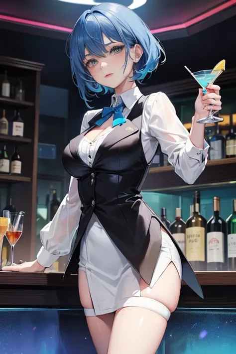 1lady,solo,cute,beauty,blue hair and short hair,standing,big breasts,big bust,have a cocktail glass,bartender,black vest and white shirt,stylish,in nightclub,bar,liquor bottles,dark,neon