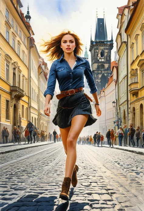 intricate action movie, portrait of a very beautiful girl, bottom-up view, in motion, background of the streets of old prague, a...