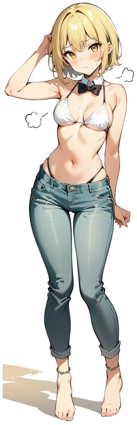 (masterpiece, best quality:1.2) 1girl, snake eyes, black eyeliner, heart shaped glasses, split jeans, pixie cut, blonde hair, anklet, barefoot, bowtie, blushing, bikini top