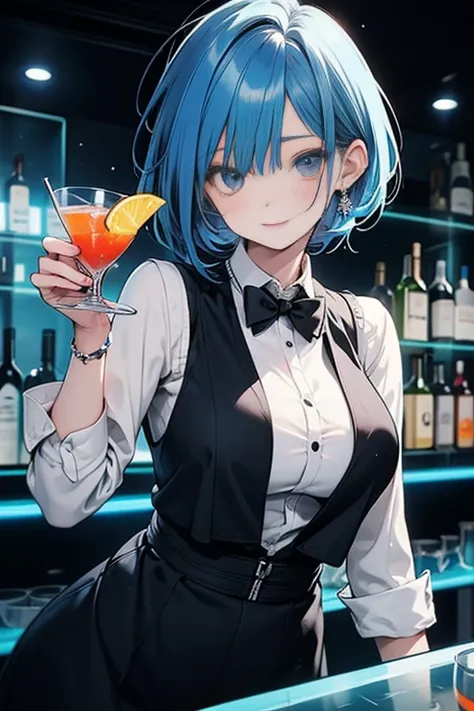 1lady,solo,cute,beauty,blue hair and short hair,standing,big breasts,big bust,have a cocktail glass,bartender,black vest and white shirt,stylish,in nightclub,bar,liquor bottles,dark,neon