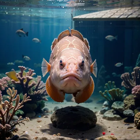 Generate an image of an Asian sheepshead wrasse fish, alone in an aquarium, the fish has a baby pink color, and it is staring directly to the front