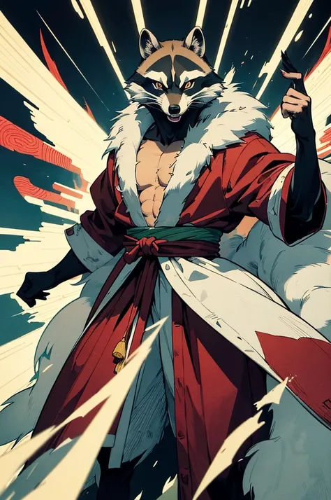 (masterpiece, best quality:1.1),
popart style,flat color,1old raccoon wearing Japanese monks robe,wolf fur,king of raccoons,standing front the cave,anger,Psycho Power,Ukiyo-e style illustration,dynamic pose,beautiful lighting,photographic portrait, sharp,