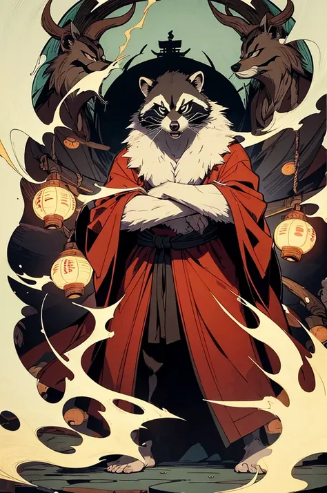 (masterpiece, best quality:1.1),
popart style,flat color,1old raccoon wearing Japanese monks robe,wolf fur,king of raccoons,standing front the cave,anger,Psycho Power,Ukiyo-e style illustration,dynamic pose,beautiful lighting,photographic portrait, sharp,