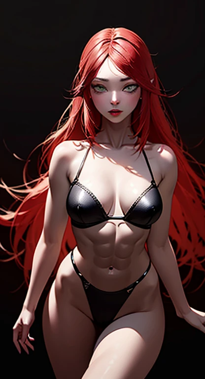 A stunningly realistic dark fantasy portrait of a tall, leggy red-haired woman with a chiseled abs, small waist, large emerald green eyes, and plump lips. She stands confidently, her body displayed in all its glory. The background is a mix of dark, broodin...