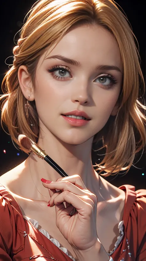 Beautiful woman paints her lips with lipstick. Beautiful woman face, Fine details, high quality, high quality. Vivid and True Colors  