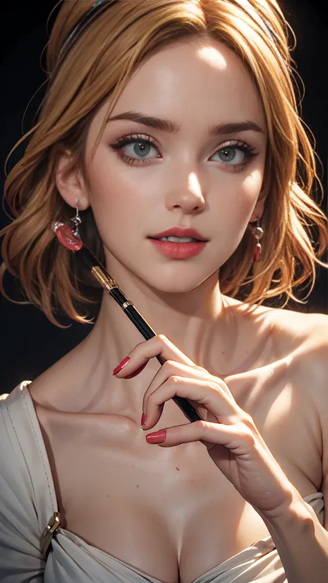 Beautiful woman paints her lips with lipstick. Beautiful woman face, Fine details, high quality, high quality. Vivid and True Colors  