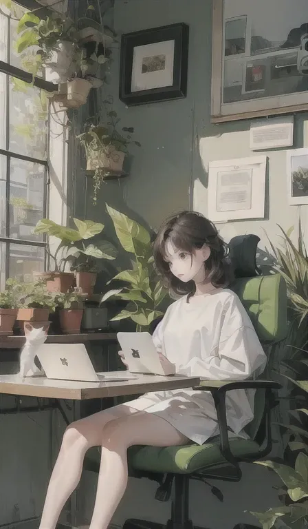 Artistic illustration: Relaxed character and white cat　Working with a relaxed expression　 Laptop and coffee、Green plants and other items are arranged、Expressing a comfortable working environment