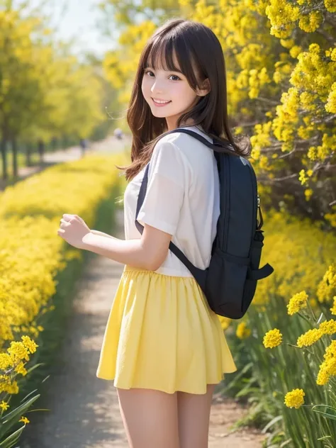 prompt: Very attractive with a backpack, (Adorable baby dog), Enjoy a lovely spring outing surrounded by beautiful yellow flowers and natural scenery. 1 girl,Cute face,smile,Mini skirt dress,The illustrations are in high resolution with 4K resolution., 12 ...