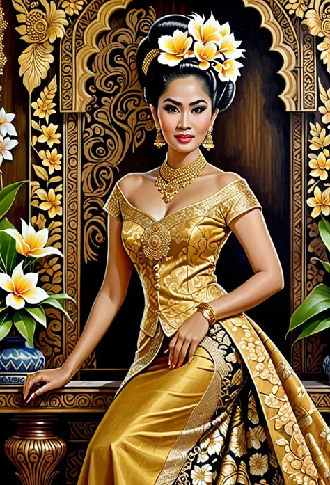 beautiful javanese majestic queen donning exotic brocade laced kebaya dress and batik long skirt, big bun hairdo with golden  flowers hair ornaments, insanely detailed and intricate grand and elegant Jepara style wood carving in background, oil on canvas p...