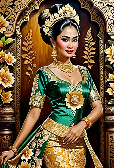 beautiful javanese majestic queen donning exotic brocade laced kebaya dress and batik long skirt, big bun hairdo with golden  flowers hair ornaments, insanely detailed and intricate grand and elegant Jepara style wood carving in background, oil on canvas p...