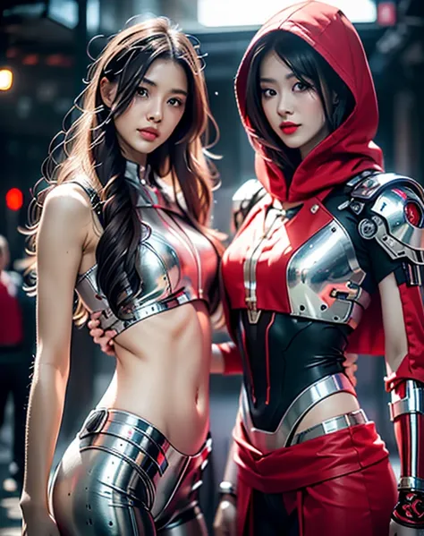 1gilr beautiful woman, Metal robot cyberpunk red and white machine, ,«Little Red Riding Hood,(Show a flat stomach)