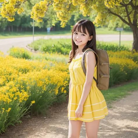 prompt: Very attractive with a backpack, (Adorable baby dog), Enjoy a lovely spring outing surrounded by beautiful yellow flowers and natural scenery. 1 girl,Cute face,smile,Mini skirt dress,The illustrations are in high resolution with 4K resolution., 12 ...