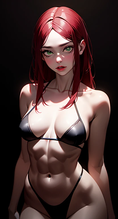 A stunningly realistic dark fantasy portrait of a tall, leggy red-haired woman with a chiseled abs, small waist, large emerald green eyes, and plump lips. She stands confidently, her body displayed in all its glory. The background is a mix of dark, broodin...