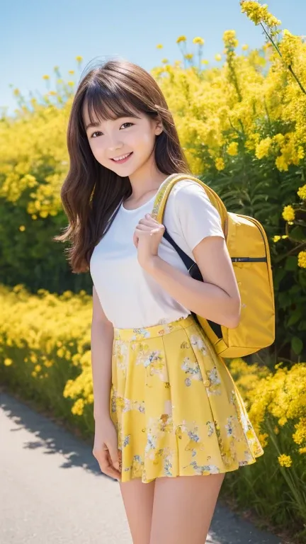 prompt: Very attractive with a backpack, (Adorable baby dog), Enjoy a lovely spring outing surrounded by beautiful yellow flowers and natural scenery. 1 girl,Cute face,smile,Mini skirt dress,The illustrations are in high resolution with 4K resolution., 12 ...