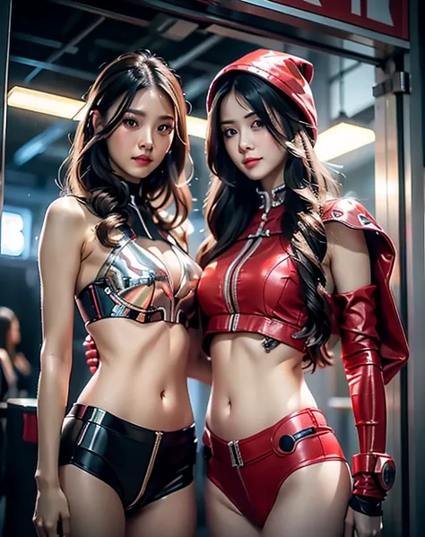 2gilr beautiful woman, Metal robot cyberpunk red and white machine, ,«Little Red Riding Hood,(Show a flat stomach)