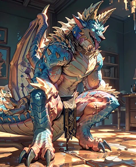 Solitary, (muscular), (Male human dragon):1.3, Bright scales, (Kamiaki):1.3, (Common:1.4) (pray):1.23, (，Wearing a short white loincloth）, Exquisite eyes, Lizard Tail,A pair of dragon horns, A pair of dragon wings, (Exquisite eyes，stripe，Sharp claws，Cute a...