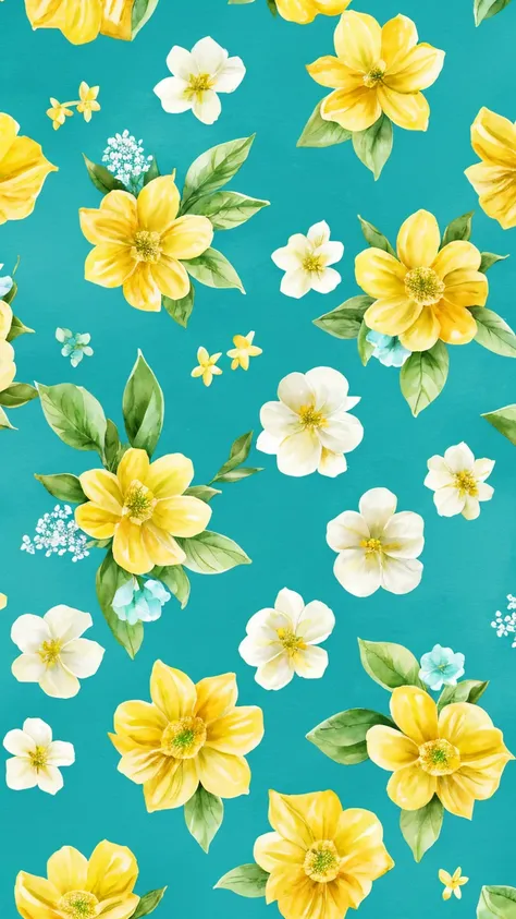 Generate a background in green tones with flowers, in the style of a watercolor painting, sky blue flowers and lemons, which intertwine nicely 