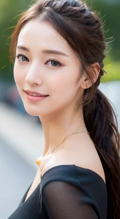 ((highest quality, 8k, masterpiece :1.3)), 1 girl, smile, whole body, Slim Face, Beautiful woman,Ultra detailed face, Fine grain, double eyelid,  Blur Background, Slim Face, city, outside, street,1 girl, 19 years old, Long Hair, Large Breasts,ponytail、Brow...