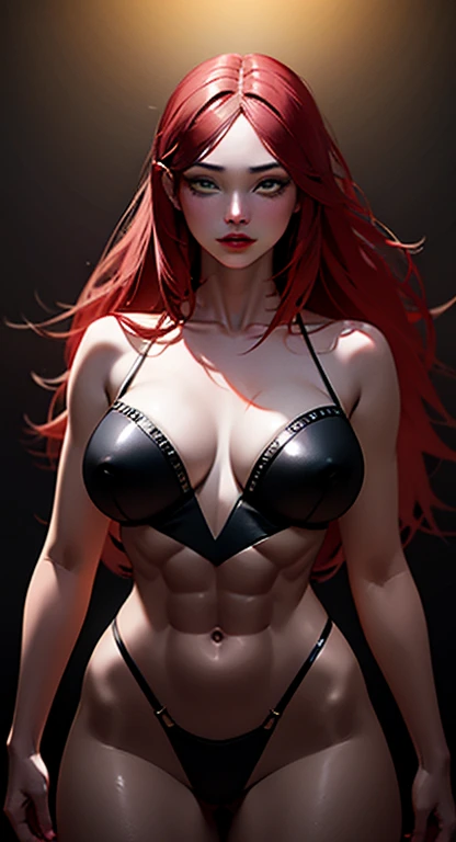 A stunningly realistic dark fantasy portrait of a tall, leggy red-haired woman with a chiseled abs, small waist, large emerald green eyes, and plump lips. She stands confidently, her body displayed in all its glory. The background is a mix of dark, broodin...