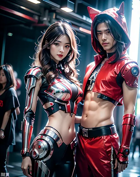 Boy and gilr beautiful woman, Metal robot cyberpunk red and white machine, ,«Little Red Riding Hood,(Show a flat stomach)