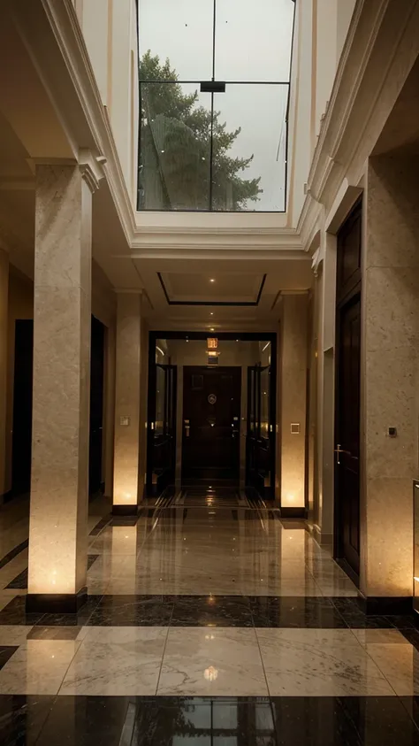 A hotel with Roman interior architecture with the photography style of the porch, lighting, twilight, contemporary weather, rainy weather, hotel lobby, Roman interior architecture style