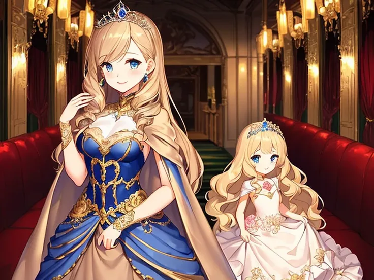 (kawaii),(best quality),(ultra detailed),(rococo style),(long train beige cape:1.15), very long cape,(long train beige ball gown with flower decorations), a girl is wearing a cape over her gown, 1 little princess, tiara with blue jewelry, smile, very long ...