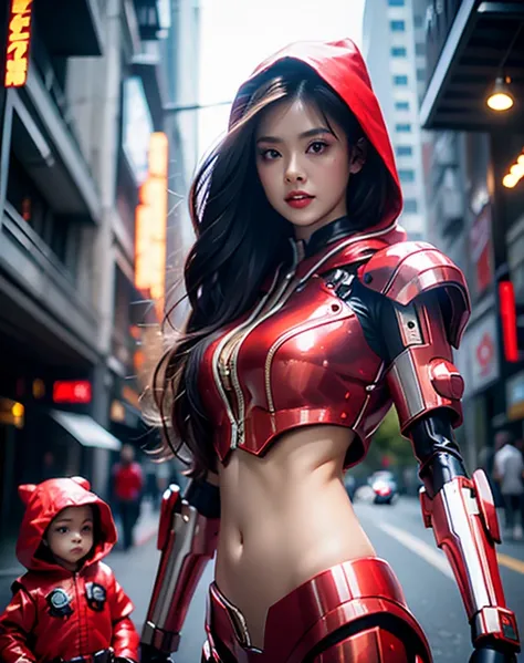 Boy and gilr beautiful woman, Metal robot cyberpunk red and white machine, ,«Little Red Riding Hood,(Show a flat stomach)