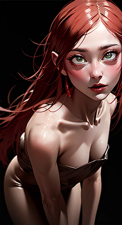 A stunningly realistic dark fantasy portrait of a tall, leggy red-haired woman with a chiseled abs, small waist, large emerald green eyes, and plump lips. She stands confidently, her body displayed in all its glory. The background is a mix of dark, broodin...