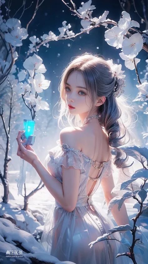 (((masterpiece))), highest quality, shape, 4k wallpaper, Cinematic Light, Absurd, One Girl,(snow,ice), snowの花, In winter, Gray Hair, Shiny Hair, Wavy Hair, Transparent clothes, Frills, Race, Wet clothes, off_shoulder, Hair Scrunchie,masterpiece, Telescope ...