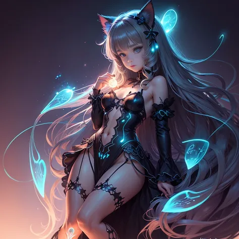 bioluminescence, electric magical glow, Full length, beautiful girl, cat ears, long rusty hair,big tites, tenderness, filigree drawing of small details, clear drawing of small details
