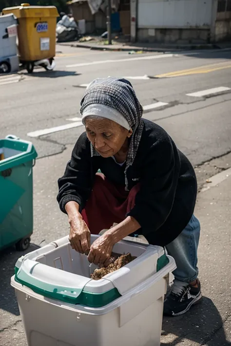 A woman while looking for food in the garbage, poverty. bad clothes, old woman, head on the garbage