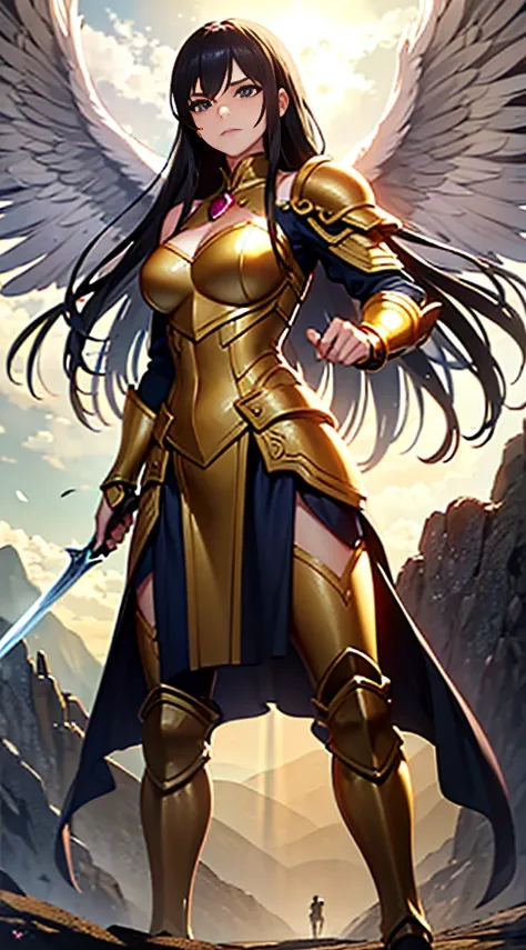 Create a high-quality image of a woman wearing full-body golden armor. She is depicted in a majestic pose, proudly standing amidst a grandiose backdrop. Her armor gleams with the brightness of gold, reflecting the sunlight streaming through the clouds. Her...