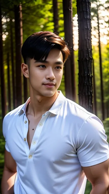 Masterpiece, best quality, High quality, วอลล์เปเปอร์ CG unity 8k ที่มีvery detailed, depth of field, HDR,,Realistic picture,very detailed, 1 man smiling, Indian, black short hair, (Wear a white t-shirt, Short sleeve blue denim jacket), chest muscles, Big ...