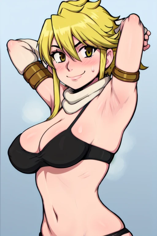 masterpiece, best quality, leone, looking at viewer, very large breasts, upper body, portrait, looking at viewer, seductive smile,put your hands behind your head, armpits, armpits visible, sweaty armpits, short hair, yellow hair, wearing black bra