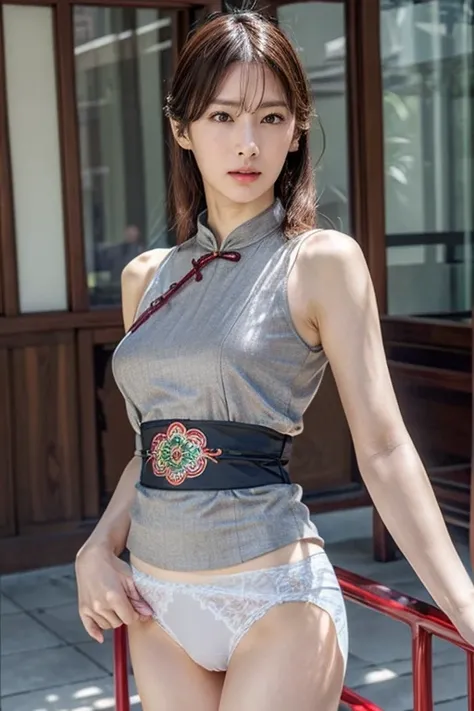 (((photorealistic))), ((realistic)), (ultra high definition), best quality, masterpiece, ray tracing, japanese female, ((super fine face)), 1 girl, cheongsam, upper body, looking at viewer, front view、legup、show her pantie、worst quality, low quality, blurr...