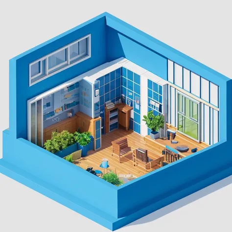 Small blue modern building, (isometric:1.1)