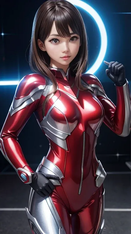 ultraman、realistic、realistic、cinematic lighting, girl in a shiny red and silver suit、15 years old、professional photos、don&#39;do...