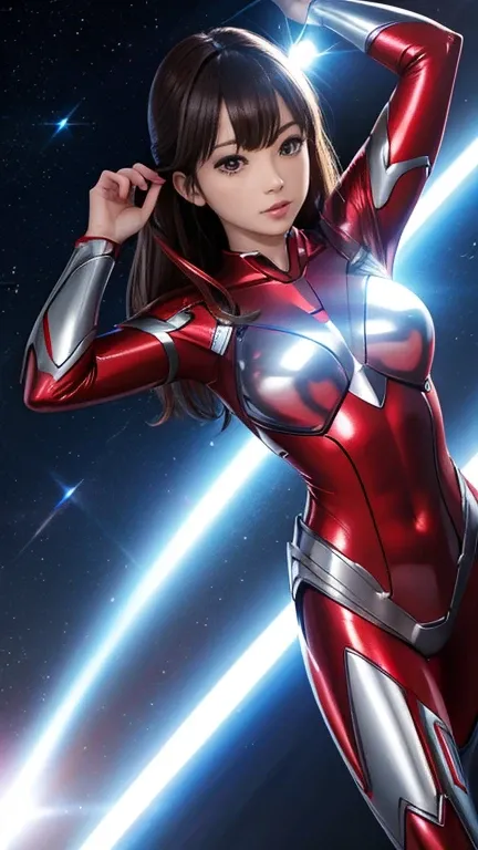 Ultraman、realistic、realistic、cinematic lighting, Girl in a shiny red and silver suit、15 years old、professional photos、Don&#39;Do not expose your skin, japanese model, japanese cgi、Ultraman Suit、tight and thin cyber suit,Whole body rubbery、There&#39;s pink ...