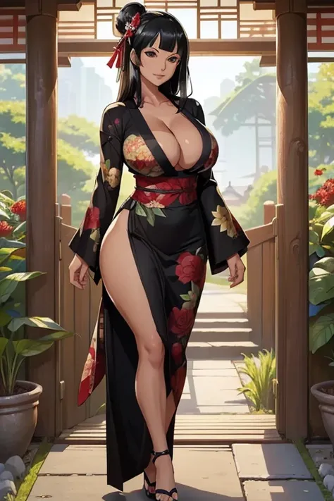 (masterpiece), best quality, expressive eyes, perfect face, Nico Robin in a Japanese Garden, (Japanese Garden background), (walking in the garden), (smirk), (cleavage closeup view), (1girl, Nico Robin face, dark skin, tanned skin, tan, black hair, geisha h...