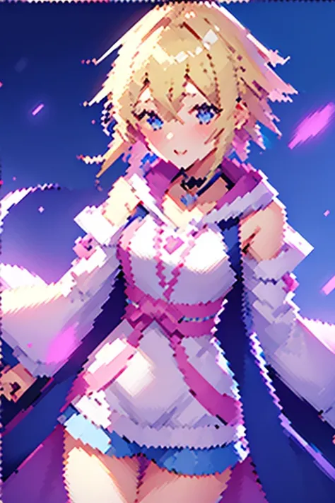 1girl, kingdom hearts style, mage, blonde hair, blue eyes, pink and white clothing