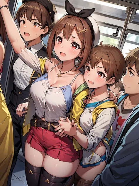 crowded train、One Woman、Cute Woman、A large number of passengers、Thick thighs、Best image quality、High resolution、masterpiece、super high quality、Pink Bra、Pink Panties、Big Ass、Large Breasts 、Blushing、4K quality、Reached orgasm、Wearing black knee socks、Heavy br...