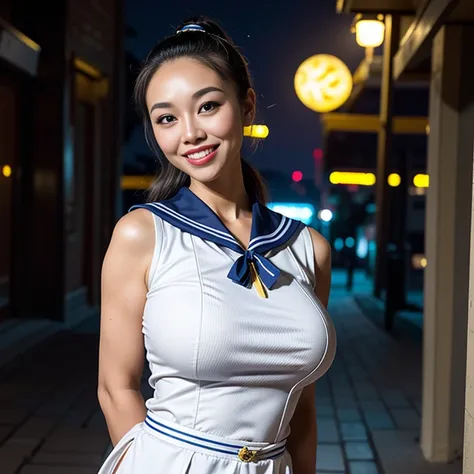 (Thai woman),((highponytail)),(forehead),(sailor suit:1.5),((huge breasts:1.4)),(slim waist),(smile:1.5),(alley at night in the background:1.5), (cowboy shot:1.5),8k, UHD,