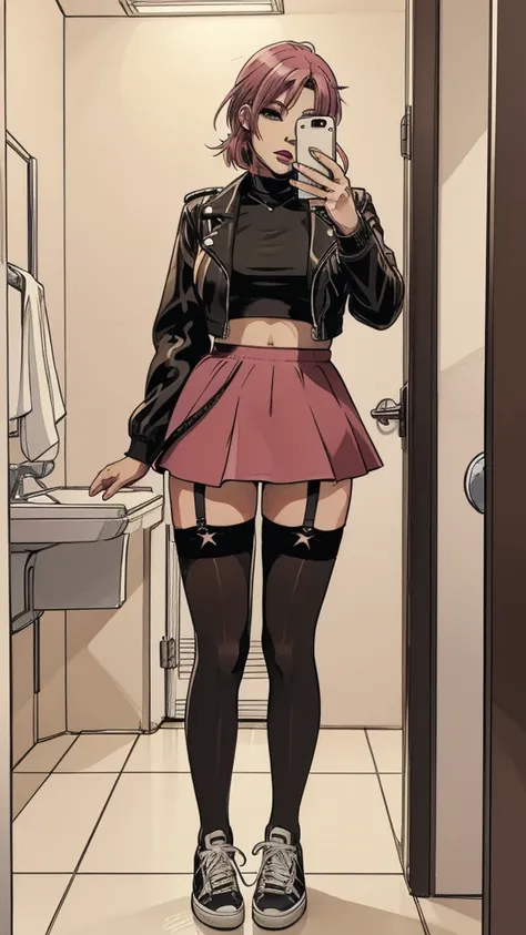 vector image:1.2, 2d cartoon,masterpiece, An anime woman, blush,colored hair, bold makeup, nylon stockings with garters:1.2, skirt, leather jacket, sporty top, horny pose:1.1, gloomy orgasm,thigh-high heels, sneakers, selfie, in restroom, full body