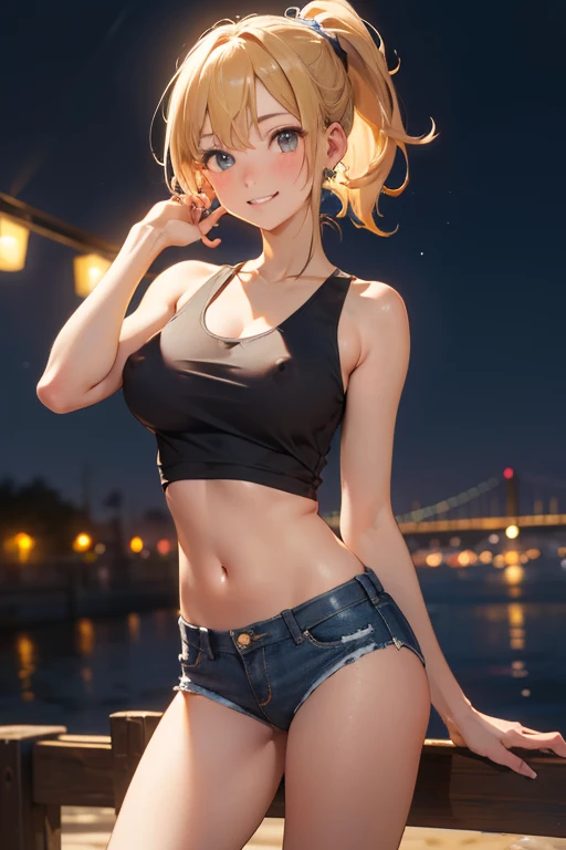 (masterpiece, highest quality:1.2), Cowboy Shot, alone, One girl, Piper, smile, View your viewers, (Put your hand on your cheek:1.2), Blonde, ponytail, Rough Chest Tank Top、Nipples、