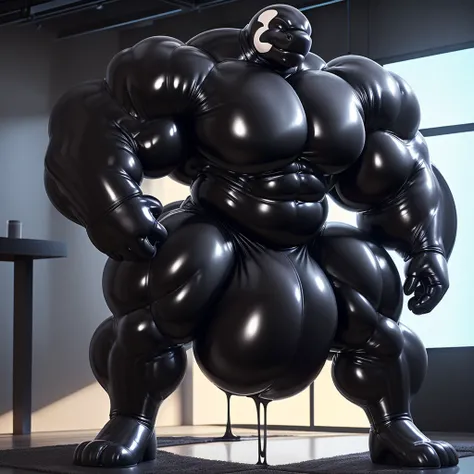 solo, male, , , ,  (hyper pecs:1.2), （long thick thighs:1.5）, standing, indoor,，(，,(,solo,very hyper muscles:1.3)((, Huge bulge：1.3))）（corruption)), black glowing liquid，（((liquid_latex, , rubber:1.2)，,black latex，goo transformation，(gooey)()(l），Orca，unrea...