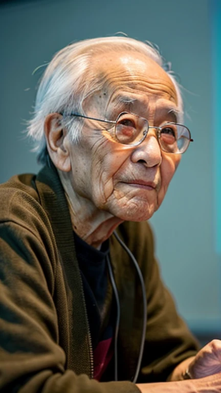 A simple Chinese old man is listening to a health lecture，The expression on his face is trusting and touching。