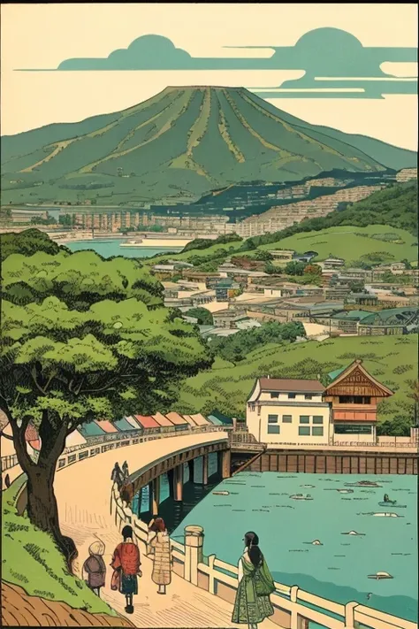 Civilization and civilization、nishiki-e、Retro、Meiji period、Japan、pine tree、Fuji Mountain、Ukiyo-e、An illustration、2D、Overlooking、Nagasaki Port、masterpiece、